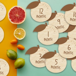 Marcadores y discos de madera para hitos mensuales de bebés en naranjas para recién nacidos: momentos importantes del bebé / regalo para baby shower