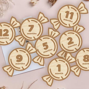 Marcadores y discos de madera con forma de caramelo para hitos mensuales de bebés recién nacidos o como regalo para baby shower