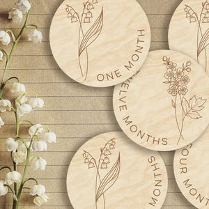 Mayo - Marcadores de hitos mensuales de madera con flores de espino y lirio de los valles para el mes de nacimiento del bebé, discos para recién nacidos/regalo para baby shower