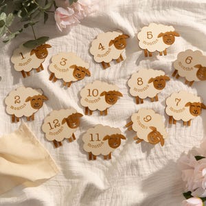 Marcadores y discos de madera con forma de oveja pequeña para hitos mensuales de bebés recién nacidos: para momentos importantes del bebé o como regalo para baby shower