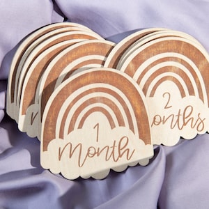 Marcadores y discos de madera con forma de arcoíris para hitos mensuales de bebés recién nacidos: momentos importantes del bebé / regalo para baby shower