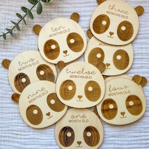 Marcadores y discos de madera para hitos mensuales de bebés de Panda Gram para recién nacidos: momentos importantes del bebé / regalo para baby shower