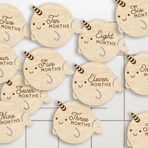 Marcadores y discos de madera para hitos mensuales de bebés recién nacidos en forma de narval rechoncho: para los momentos más importantes del bebé o como regalo para baby shower