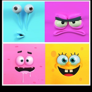 Puede incluir: Un collage de cuatro caras de dibujos animados con diferentes expresiones. La cara de arriba a la izquierda es azul con ojos grandes y una boca pequeña. La cara de arriba a la derecha es rosa con cejas enojadas y un ceño fruncido. La cara de abajo a la izquierda es rosa con una boca babeante y ojos grandes. La cara de abajo a la derecha es amarilla con una amplia sonrisa y ojos grandes.