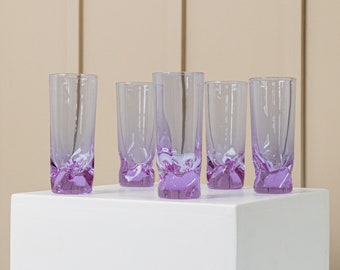 Set di 5 bicchieri vintage Alexandrite - bicchieri in cristallo viola con piede deformato - Pop Art Design Italia anni '70