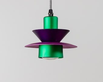 Vintage Aluminum Ceiling Lamp - 1980s Postmodern Memphis Style - Purple & Green, Striped Cable, Pop Art Interior, Retro Lighting, Zick Za