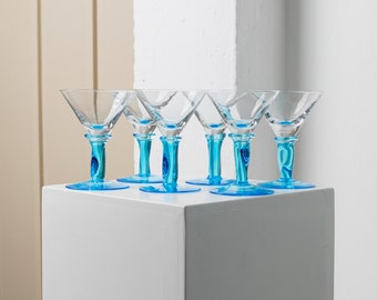Set of 6 vintage martini glasses - azure blue drinking glasses made of Empoli glass - postmodern Memphis style - Italy 1980s