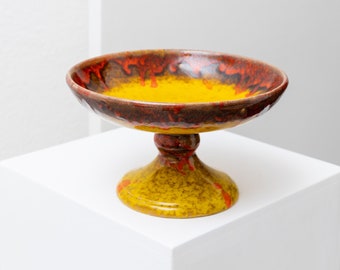 Vintage ceramic bowl with stem - colorful glaze yellow orange - mid century design - Italy 1960s