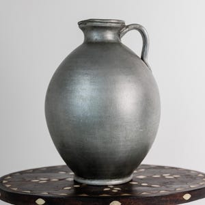 Vintage 1960s Studio Ceramic Vase with Handle, Large Rounded Shape with Silver Glaze, Timeless Design, handmade Pottery, Elegant Gift Idea