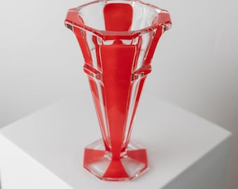 大きなヴィンテージ ムラーノ ガラスの花瓶 - 赤いストライプ