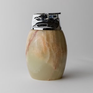 Vintage 1960s Alabaster Table Lighter, by Piezo Italy, Green Beige Stone Design, Elegant Mid Century Bar Accessory, Desk Object, Gift Idea