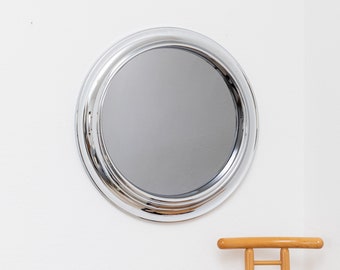XL Chrome-Plated Vintage Wall Mirror - Round Mirror with Smoked Glass - Space Age Design - Italy 1960s