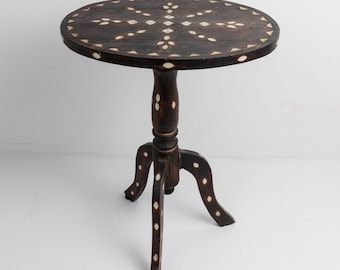 Vintage Early 19th Century Side Table, Dark Wood with Mother of Pearl Inlay, Three Legged Oval Shape, Ethno Style Furniture, Gift Idea