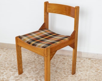 Vintage Italian Chair - Wood and Checkered Fabric - Mid Century Design - Italy 1960s