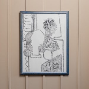 XXL Disegno vintage Italia anni '90 - Carboncino su carta - Arte astratta - Cornice in legno blu, pezzo unico, regalo retrò, collezionista d'arte