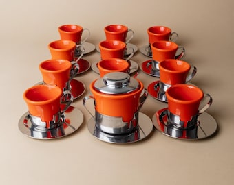 Vintage Coffee Set of 12 - Red/Orange Ceramic Cups and Sugar Bowl, Stainless Steel Saucers - Italy 1970s - Retro Gift Idea, Table Decor