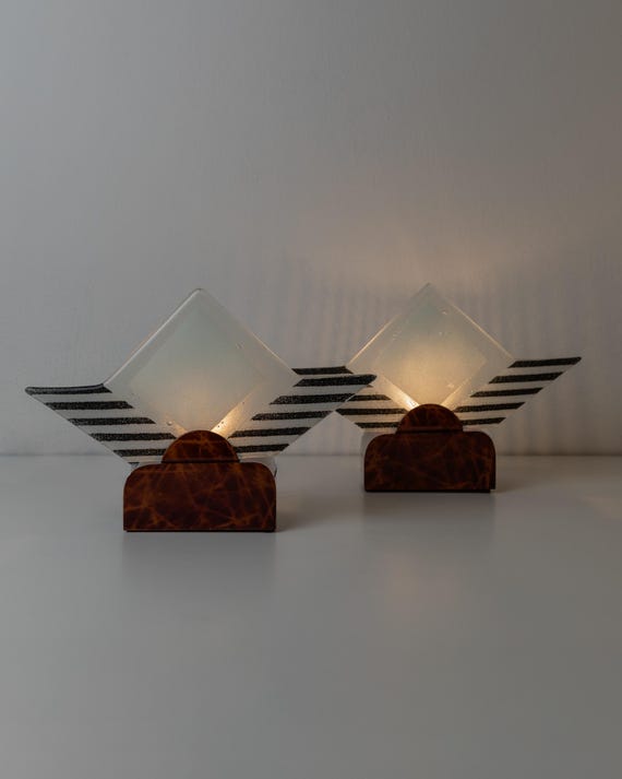 Two Vintage Murano Glass Table Lamps - Sculptural Design, Triangles, Stripes, Brown Metal Holders - Italy 1980s - Bedside Lights, Gift Idea