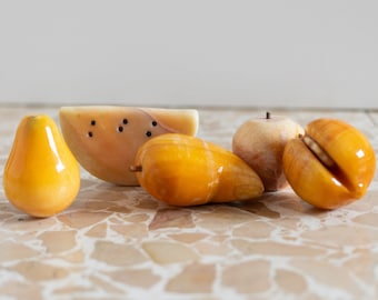 Set of 5 vintage alabaster fruits - yellow stone handmade fruit - mid century design - Italy 1970s