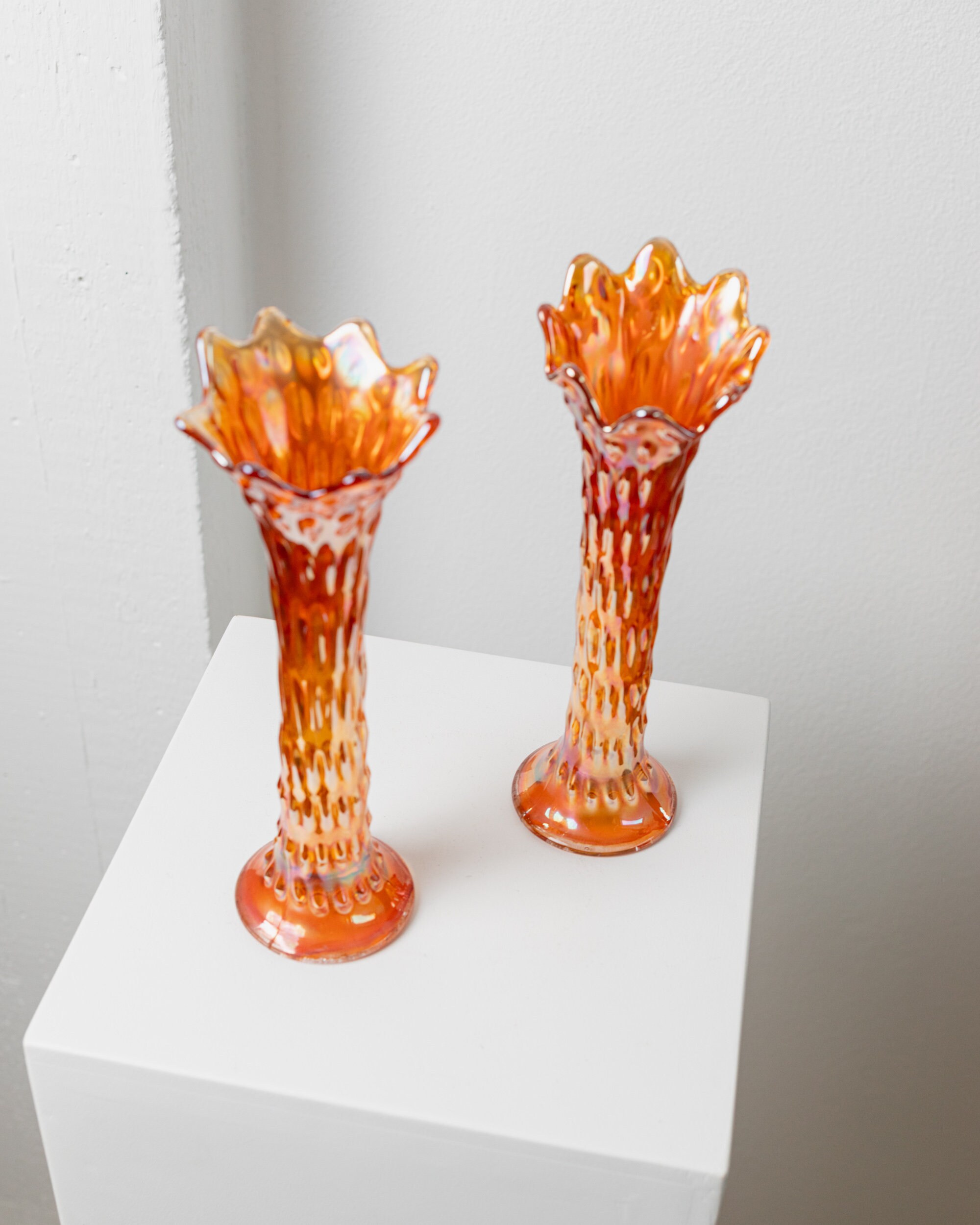 Set of 2 Antique Fenton Vases - Orange Iridescent Marigold