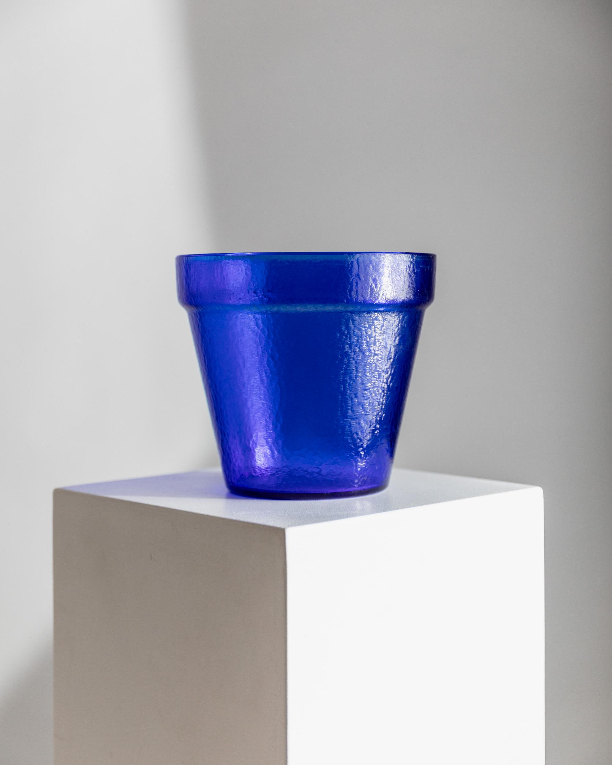 大型ヴィンテージガラス植木鉢 - 大胆なブルーガラスと構造 - ミッド