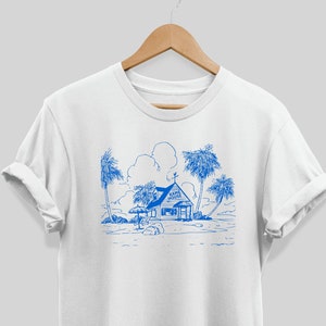 Camiseta Kame House, Versión azul, Camiseta Dragon Ball, Muten roshi Kame House, Camiseta DB, Estampado en la parte delantera