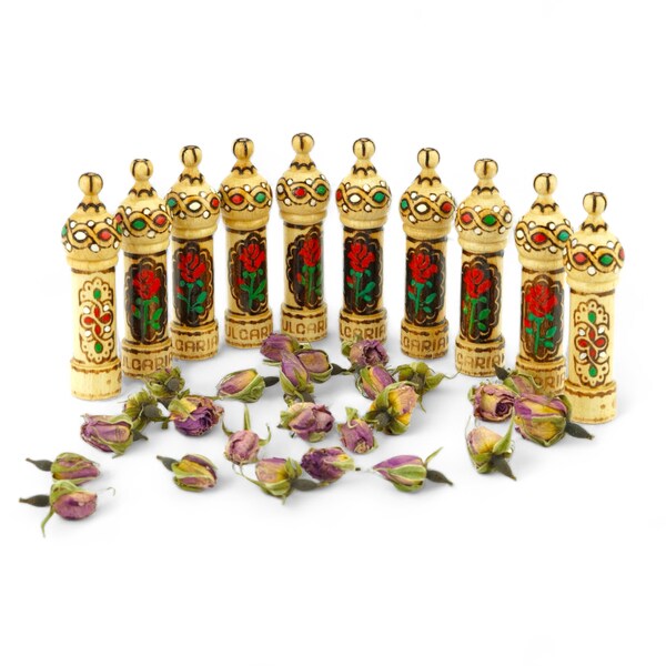 Essence de parfum à l'huile de rose de Bulgarie - Emballée individuellement dans des coffrets souvenirs en bois faits main - Lot de 5, 10 ou 20 flacons, cadeau traditionnel