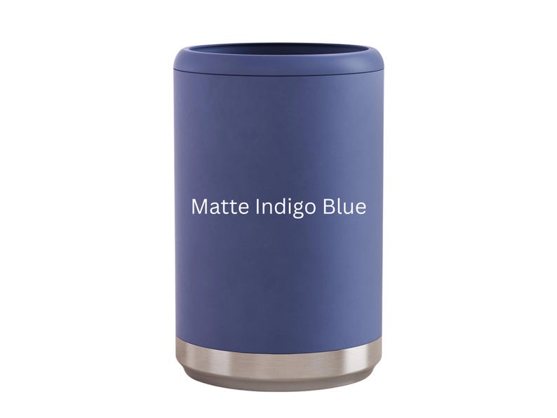 Enfriador de latas divertido para acampar: enfriador de cerveza aislado de acero inoxidable Indigo Blue Matte