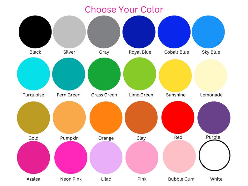 Puede incluir: Una carta de colores con 24 muestras de colores diferentes. Los colores incluyen negro, plata, gris, azul real, azul cobalto, azul cielo, turquesa, verde helecho, verde hierba, verde lima, sol, limonada, oro, calabaza, naranja, arcilla, rojo, morado, azalea, rosa ne&oacute;n, lila, rosa, chicle y blanco.