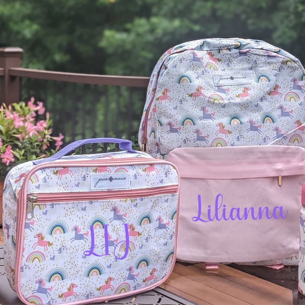 Personalized Unicorn Backpack, Monogram Unicorn Lunch Box With Matching Water Bottle, Unicorn Bookbag, Rainbow Backpack, Gift for Girl