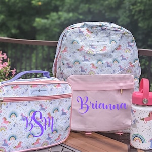 Sac à dos personnalisé licorne : boîte à lunch assortie, bouteille d'eau, cartable princesse pour filles