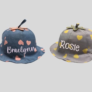 Personalized Baby Girl Sun Hat: Pink Heart Denim, Flower Top