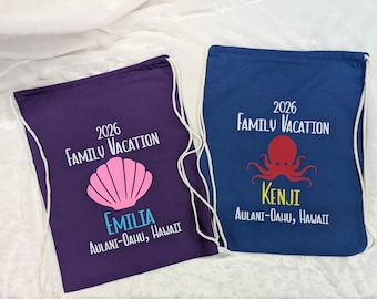 Personalized Family Vacation Drawstring Backpack: Custom Cotton Cinch Bags for Tropical Destinations, Cruises, Camping and Mountain Retreats
