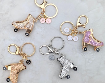 Personalized Crystal Bling Roller Skate Keychain: Sparkly Retro Initial Bag Charm
