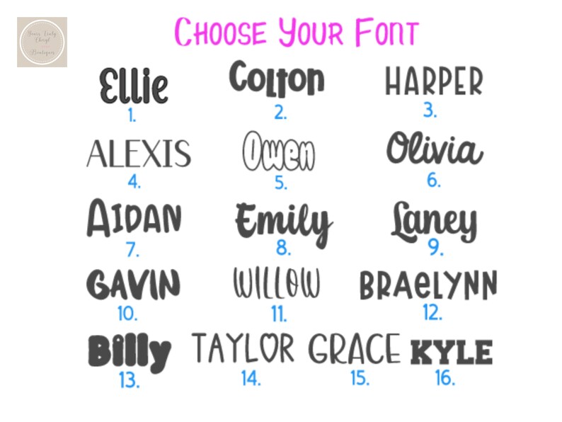 K&ouml;nnte beinhalten: Eine Tabelle mit 16 verschiedenen Schriftstilen f&uuml;r Namen. Die Namen sind: Ellie, Colton, Harper, Alexis, Owen, Olivia, Aidan, Emily, Laney, Gavin, Willow, Braelynn, Billy, Taylor, Grace und Kyle.