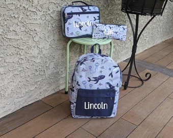Personalized Sea Animal Backpack with Matching Lunch Box, Water Bottle or Pencil Pouch Add On, School Bag with Sharks Whales Fish Jellyfish