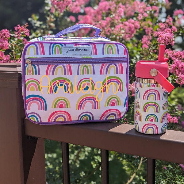 Rainbow Lunch Box Set Personalized Thermos For Girl Lunch Bag With Name, Custom Lunch Tote Bag, Water Bottle Rainbow Gift For Girl Teen Gift