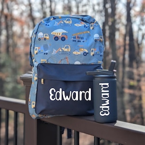 Ensemble sac à dos et bouteille d'eau personnalisés avec impression de camion, cartable pour garçon, cartable pour tout-petit, accessoire de rentrée scolaire, sac à langer personnalisé
