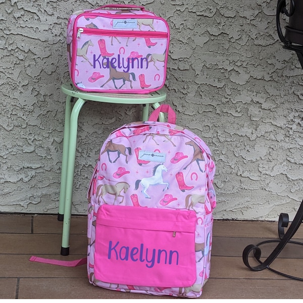 Horse Backpack Personalized Matching Lunch Box Set With Thermos Horse Lovers School Bags Rodeo Book Bag Cowgirl School Bag For Kids Bookbag