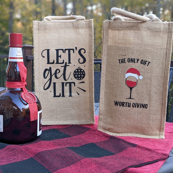 Wine Gift Bag, Custom Wine Carrier, Christmas Bags for Alcohol, Wine Gift For Hostess, Funny Saying Burlap Bag, Rustic Glass Bottle Divider