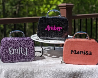 Personalized Crocodile Pattern Cosmetic Case: Monogram Faux Leather Makeup Organizer, Mini Train Travel Bag, Beauty Tools and Brush Holder