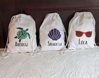 Custom Drawstring Backpack for Kids: Tropical Sea Animal Cotton Cinch Bag - Family Vacation Bags, Light Weight Beach Sack for Children