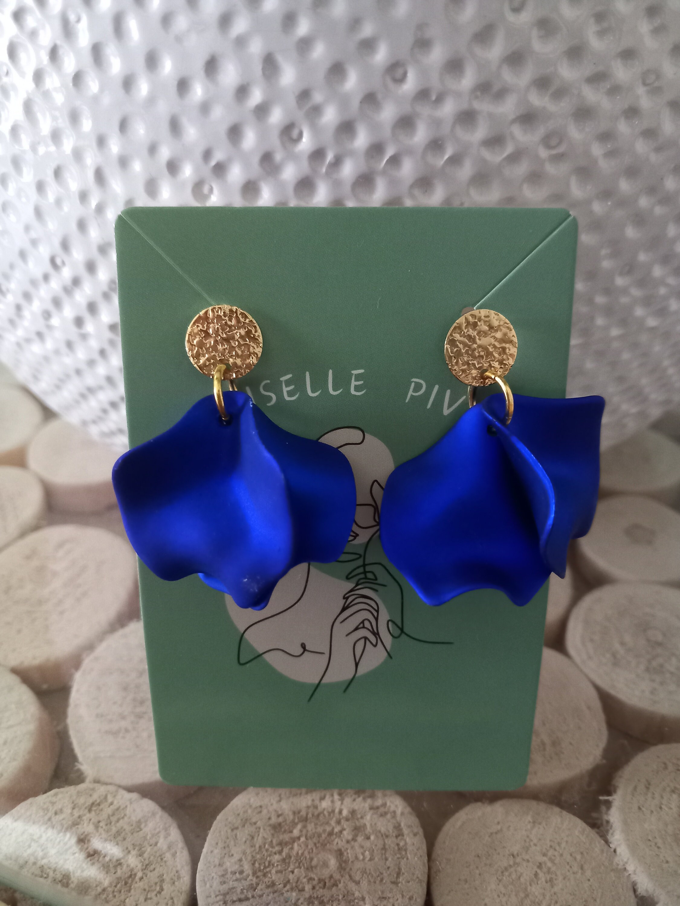 Boucles D'oreilles Longues Pendantes Clips Or Et Cabochon Bleu - Occasion, Longueur 2 7/8
