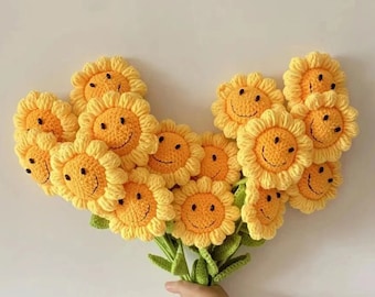 Finish Crochet Sunflower Bouquet Sunflower with Smile Face Knitting Sunflowers Crochet Blossom Home Decor Ornament Gift for Mother Women