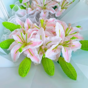 Finished Crochet Lily Bouquet Lilum Knitting Lily with Leaves & Bud Crochet Flower Knitting Blossom Home Decor Ornament Gift for Mom Friends