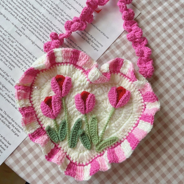 Crochet Love Bag Crochet Tulip Handbag with Button Knitting Pink Bag Lady Tote Gift for Mother Girlfriend Women
