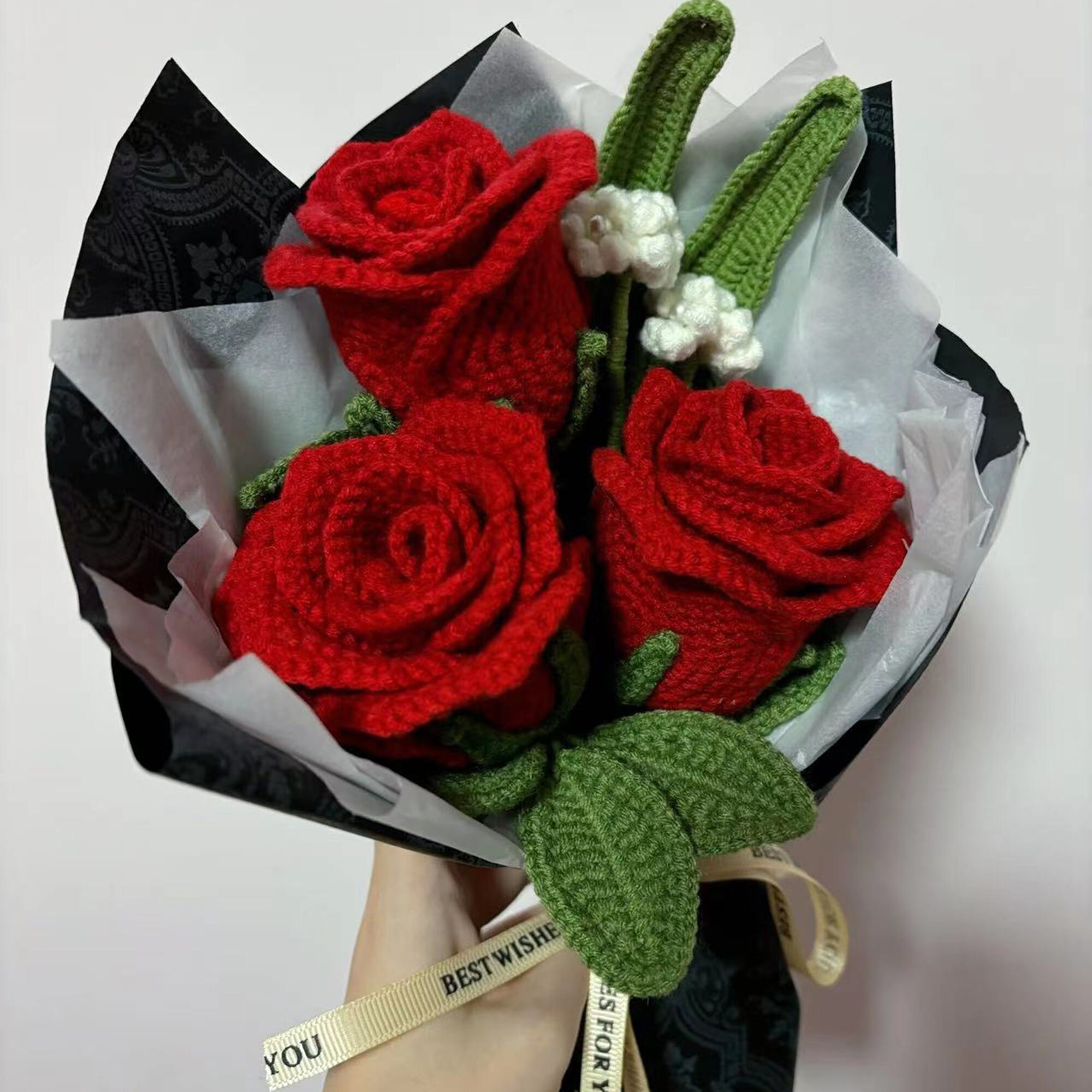 3pcs Crochet Red Rose Bouquet Knitting Rose Bouquet Flower Bouquet Rose ...