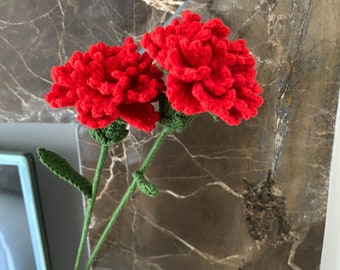 Finished Red Carnation with Leaves, Tunisian Crochet Handmade Yarn Blossom, Gift for Mom