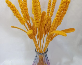 Crochet Wheat with Bendable Leaf, Yellow Yarn Flower Arrangement, Filler Flower