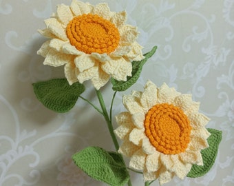Crochet Cream Sunflower, Knitted Double Layer Petals Flora, Yarn Blossom Gift for Her