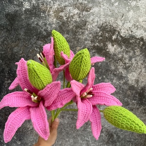 Finished Crochet Lily Bouquet Lilum Knitting Pink Lily with Leaves and Bud Crochet Blossom Home Decor Ornament Gift for Mom Girlfriend Women